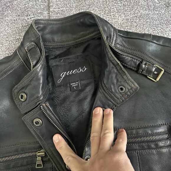 Womens Vintage Y2K Guess Soft Black Leather Belted Zip Up Motorcycle Jacket Sz L - Picture 3 of 4